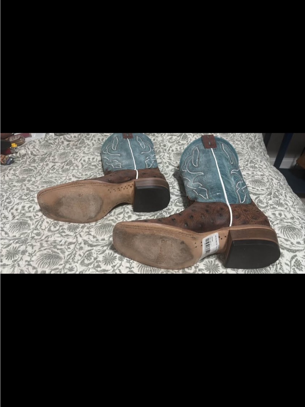Women’s Brown Ostrich Leather Western Boots with Teal Shaft - Picture 5 of 7